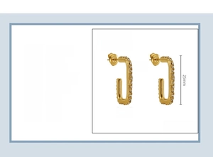 Detail of 18K gold plated stainless steel rectangular hoop earrings with zircon stones