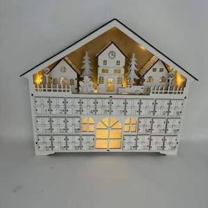 Lighted white wooden Christmas advent calendar with 24 drawers and snow village detail