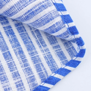 Women's blue and white striped linen-blend blouse with mid-sleeves and lapel collar