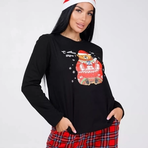 Women's Christmas pajama set with black long sleeve bear print top and red plaid pants