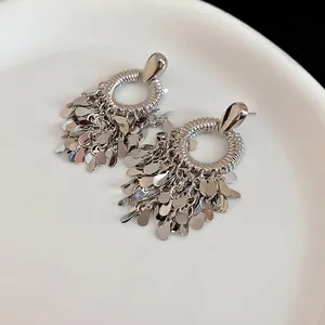 Silver geometric round fringe earrings with sequin tassels and minimalist metal rings