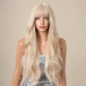 Lange platinblonde gewellte Perücke mit Pony, Barbie-Stil hitzebeständiges Kunsthaar