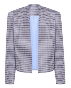 Détail de la veste en tweed bleu et violet avec une doublure intérieure bleu clair