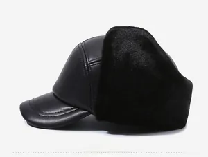 Side view of men's winter thermal leather hat with ear flaps and thick faux fur lining