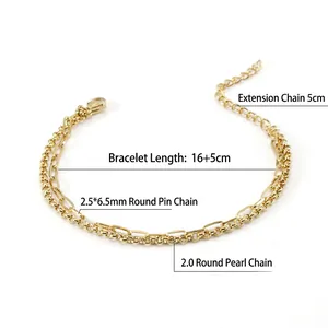 Bracelet double couche en acier inoxydable plaqué or 18K avec mailles perles et trombone