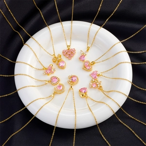 Pink Zircon Heart Pendant Necklace Gold Plated Titanium Steel Bow Moon Rabbit Sweet Romantic Jewelry Gift For Women