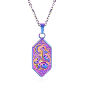Rainbow gradient hexagon pendant necklace featuring dual rabbits and crescent moon