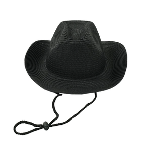 Close-up of black woven cowboy straw hat showing texture and adjustable chin strap detail