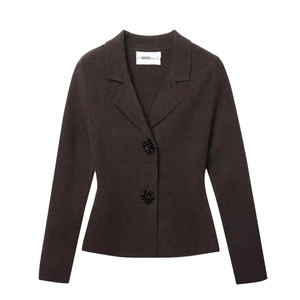 Women Knitted Blazer Jacket Coffee Brown V Neck Long Sleeve Slim Fit Solid Color Jeweled Flower Buttons Casual Cardigan