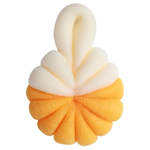 Spugna da bagno bicolore crema e arancio in rete PE morbida con asola per appendere