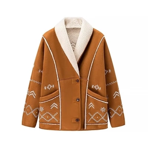 Brown vintage faux suede jacket with white fleece collar and ethnic embroidery detail