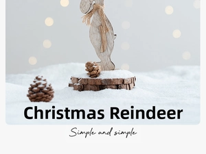 Macro detail of wooden Christmas reindeer with natural wood grain and twine bow tie decor