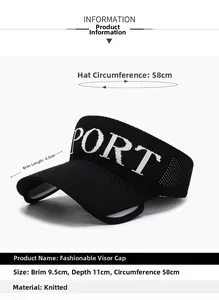 Detail view of sport sun visor with 9.5cm brim and white SPORT embroidery lettering