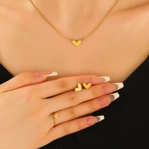 Minimalist Heart Jewelry Necklace Earrings And Ring For Women Stainless Steel 18K Gold Plated Elegant Trendy Accessories