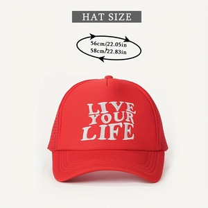Detailed view of red trucker hat with white LIVE YOUR LIFE embroidery and size specs