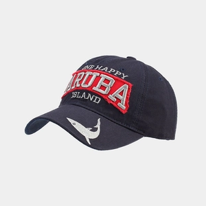 Detail of navy cotton golf cap with Aruba embroidery and shark detail on the brim