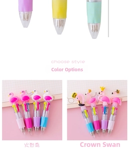 Detail of 4-color cartoon pens with Flamingo and Crown Swan decorative toppers