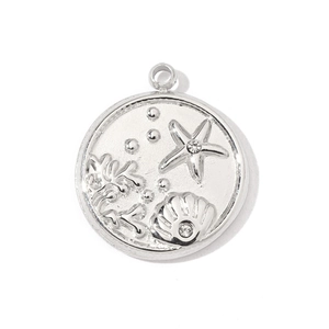 Pendentif rond en acier inoxydable poli avec motifs d'étoile de mer et coquillage