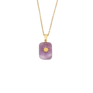Golden cross necklace with a rectangular purple natural stone pendant and star emblem