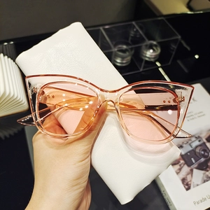 Dettaglio degli occhiali da sole cat eye rosa con rivetti e custodia in pelle