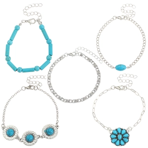 Detail of 5-piece silver bohemian turquoise bracelet set featuring intricate ethnic patterns