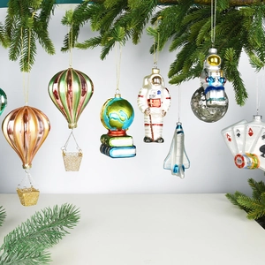 Christmas tree ornaments set featuring painted astronaut and hot air balloon glass charms
