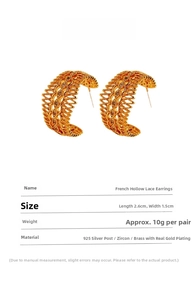 Detailed spec sheet showing French lace hollow earrings with zircon inlay and gold plating