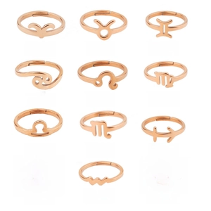 Detailed grid of twelve rose gold minimalist zodiac rings with adjustable open bands