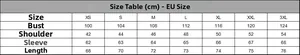 European size chart detailing bust, shoulder and length for men cotton long sleeve t-shirt