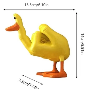 Funny duck figurine showing product dimensions 15.5cm length and 14cm height