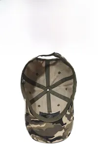 Close-up of tactical camouflage baseball cap interior with adjustable buckle and eyelets