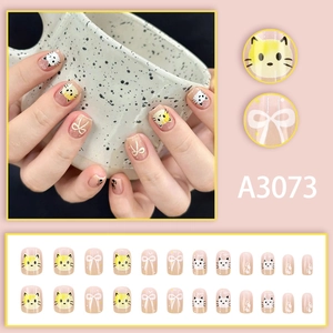 Pink polka dot cat bow-knot press-on nails set including 24 pieces of short square tips