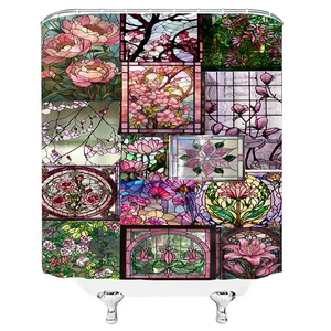 Close-up of stained glass style floral shower curtain with vibrant peony and lily patterns