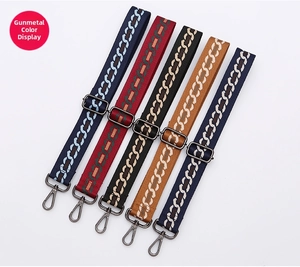 Detail view of five adjustable jacquard replacement straps with gun-color swivel hooks