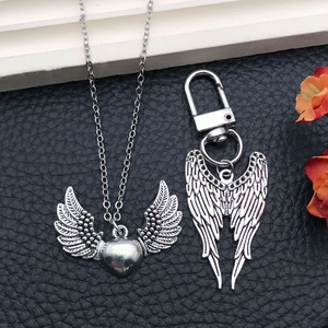Retro silver alloy necklace and keychain set with engraved angel wing heart pendant