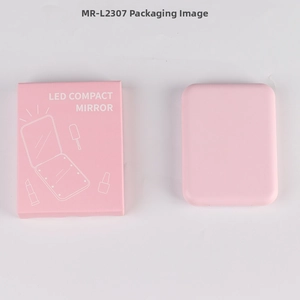 Pink portable LED compact mirror with packaging box and minimalist line art designs