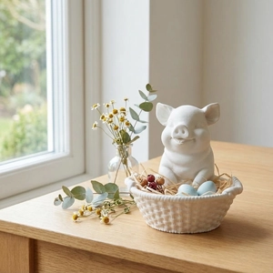 Detail of cute pig figurine with woven texture basket for DIY resin and candle mold crafts