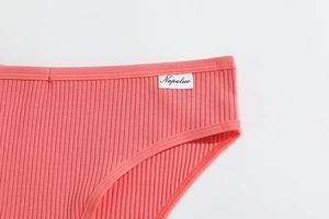 Detail of pink-orange ribbed cotton panties showing waist elasticity and brand label