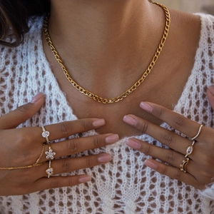 Gros plan de bagues en zircon doré et collier plat portés sur un pull en maille blanc