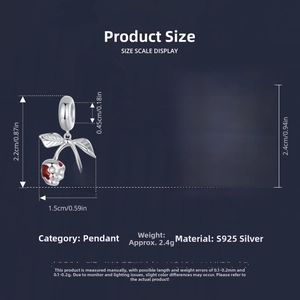 Size chart for S925 sterling silver skull cherry pendant with dimensions and coin reference