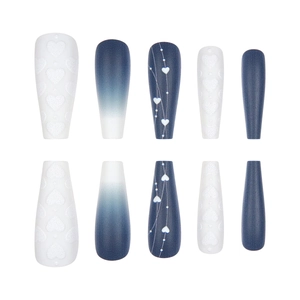 Matte blue and white gradient coffin press-on nails with 3D embossed heart designs