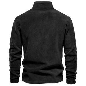 Detailed back view of a men's black fleece sweatshirt with a high stand collar