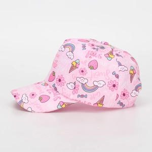 Detail of pink cotton kids baseball cap featuring sweet rainbow and strawberry prints