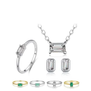 925 Sterling Silver Jewelry For Women With Emerald Cut Zircon Rectangle Necklace Earrings And Ring Geometric Elegant Luxury