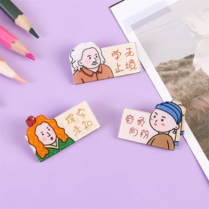 Three-piece cartoon enamel brooch set featuring Einstein and Newton on purple background