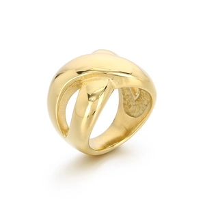 Polished 18k gold plated stainless steel wide cross X ring with a sleek mirror finish