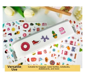 Close-up of waterproof cartoon stickers on a white box with donuts and milk designs
