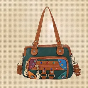 Vintage Women Crossbody Bag Washed PU Leather Handbag Multi Pocket Color Contrast Rivet Rhinestone Shoulder Purse