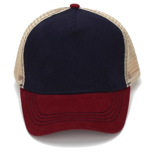 Three-tone trucker hat with navy front, burgundy brim, and beige mesh back