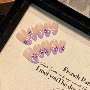 French Tip Press On Nails Purple Floral Almond Shape Glittery Elegant Fake Nails Manicure For Women